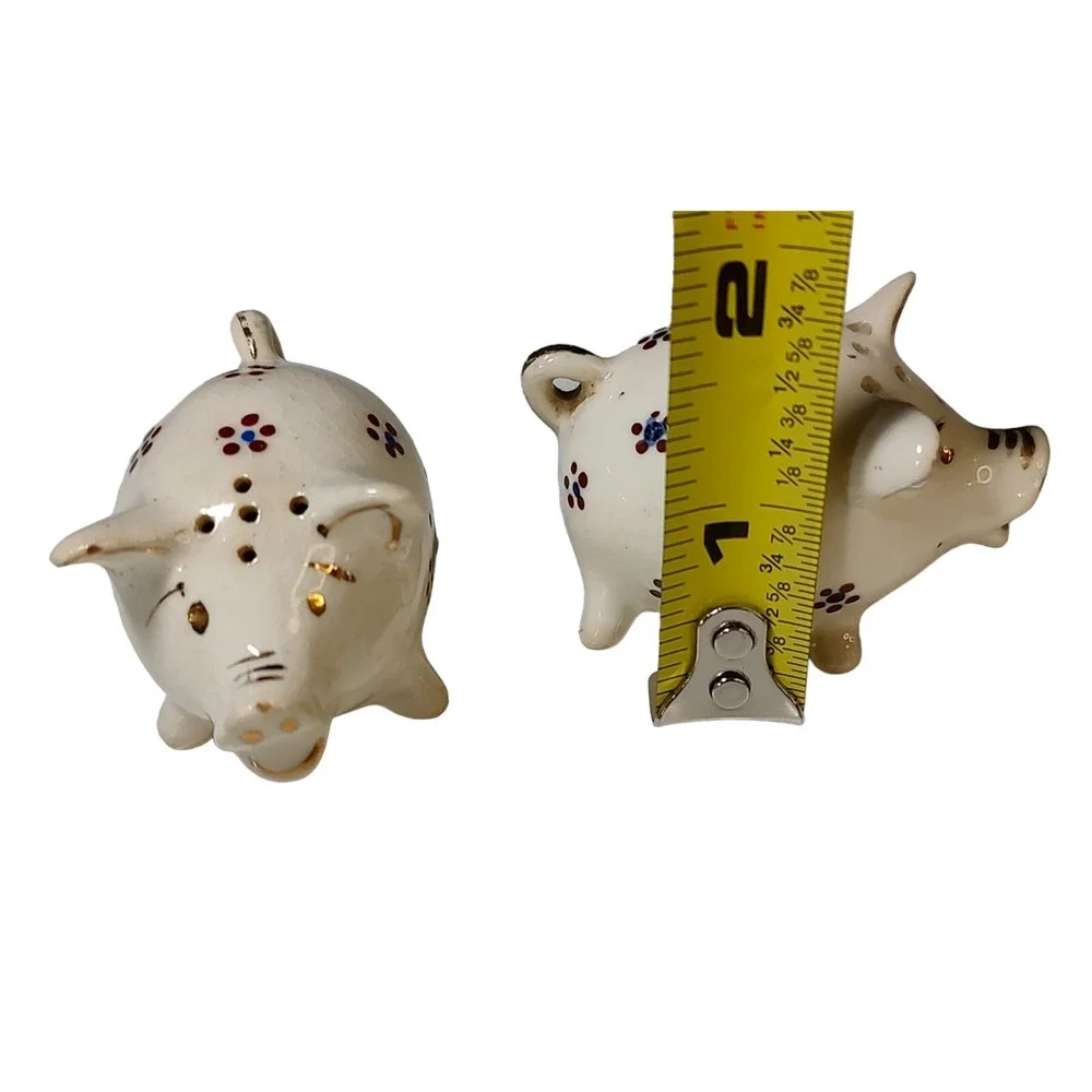 Vintage Ceramic Pig Salt and Pepper Shakers Hand Painted Flowers Gold Trim Japan